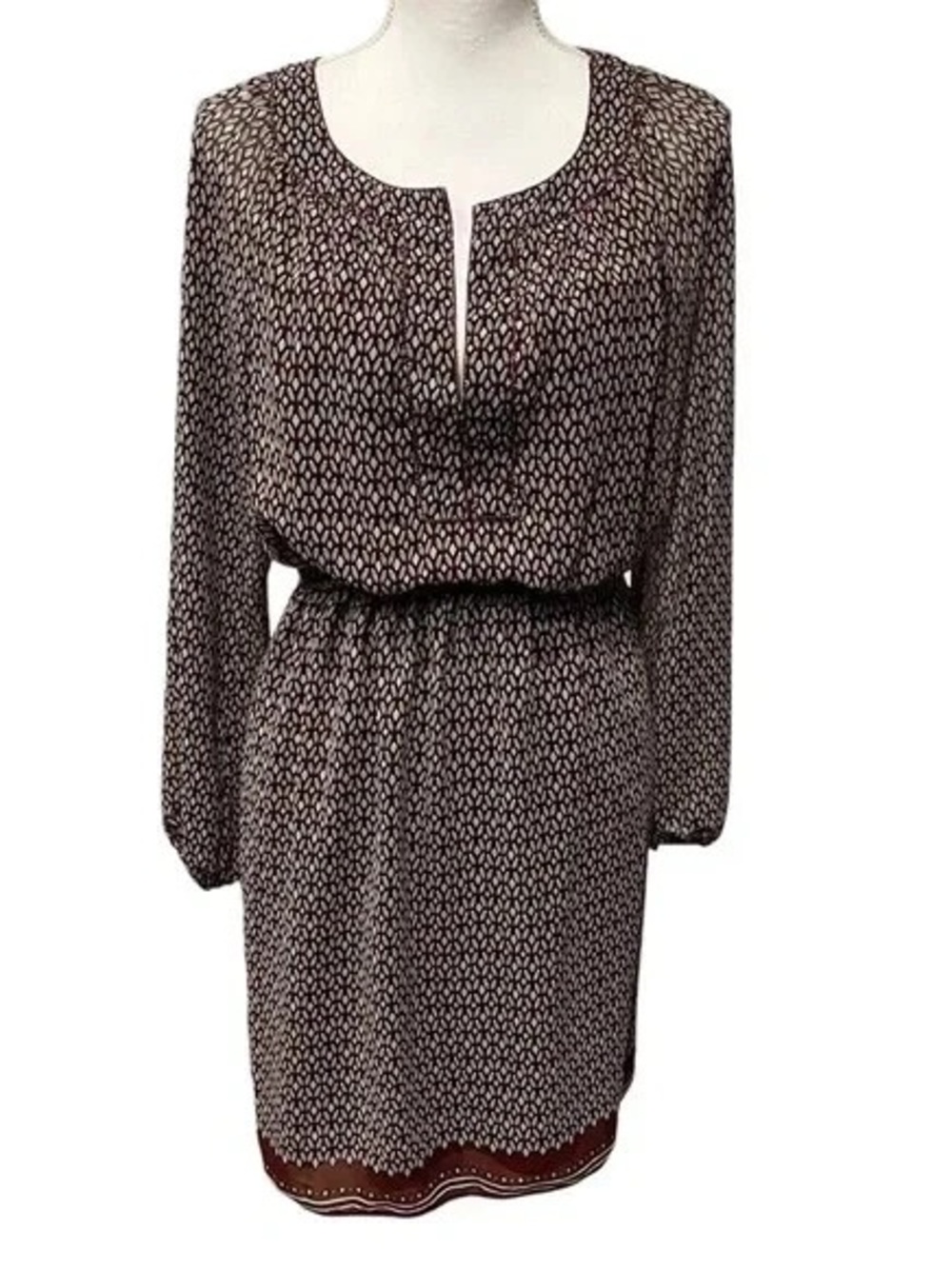 Max Studio Brown & Cream Long-Sleeve Scoop-Neck Printed Dress